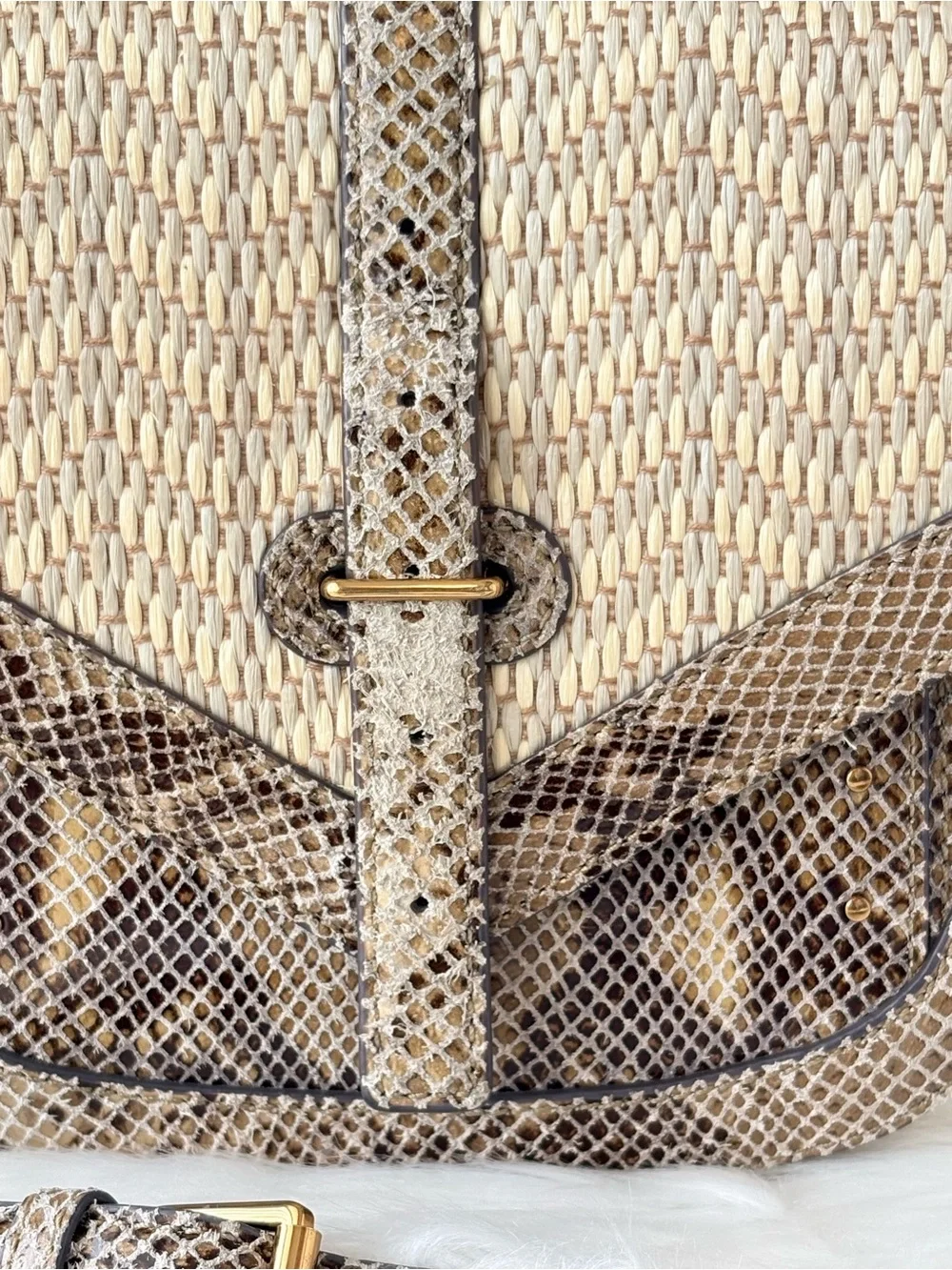Tory Burch 797 Medium‎ Natural Raffia Snakeskin Print Flap Satchel Shoulder Bag.